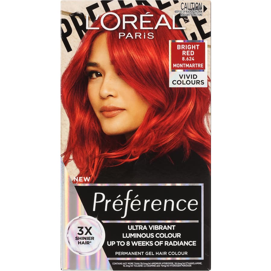 Vibrant L'Oreal Preference Hair Colour in Bright Red 8.624 Montmartre for bold, long-lasting, salon-quality results at home.