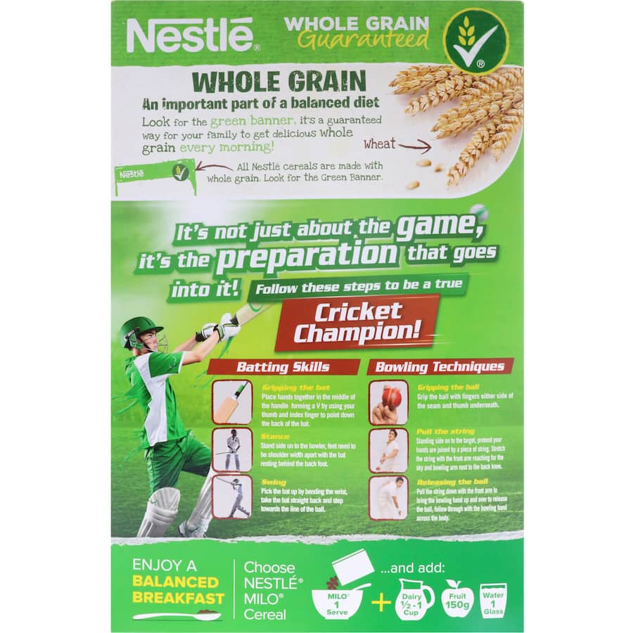 Nestle Cereal Milo: Crunchy wholegrain cereal with classic Milo taste, rich in fiber and essential nutrients for sustained energy.