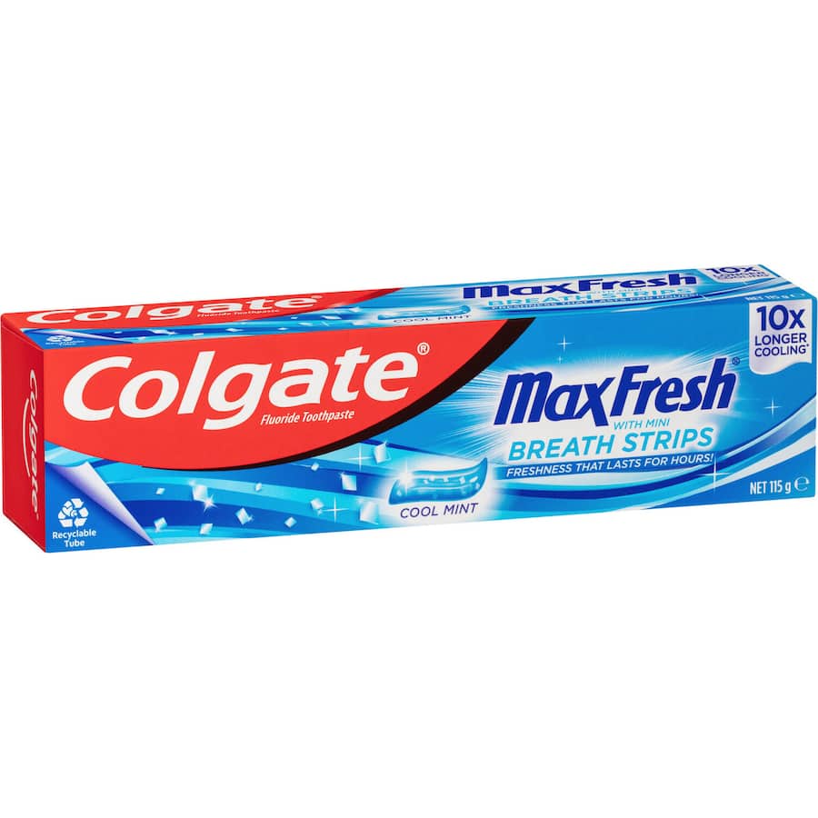 Colgate Max Fresh Toothpaste with Mini Breath Strips offers 10x longer cooling, cavity protection, and lasting freshness.