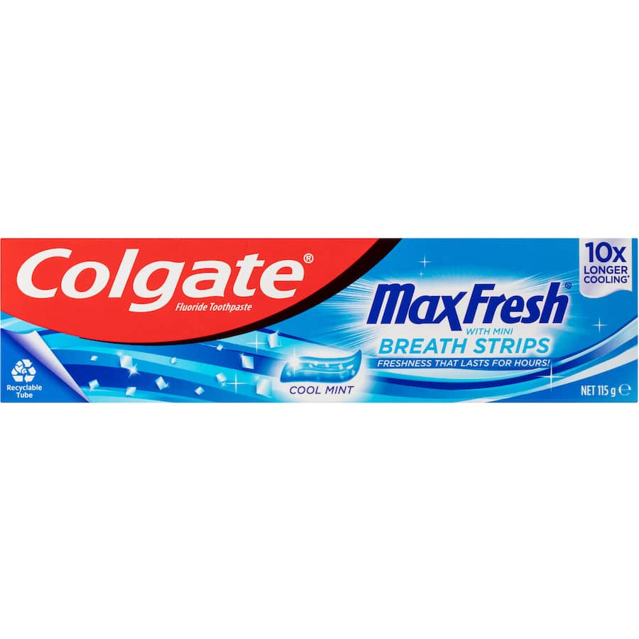 Colgate Max Fresh Toothpaste with Mini Breath Strips offers 10x longer cooling, fights cavities, and freshens breath.