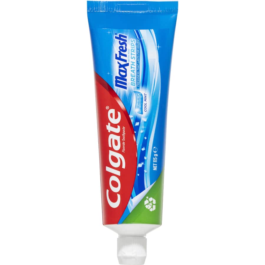 Colgate Max Fresh Toothpaste with Mini Breath Strips offers 10x longer cooling sensation and freshens breath effectively.