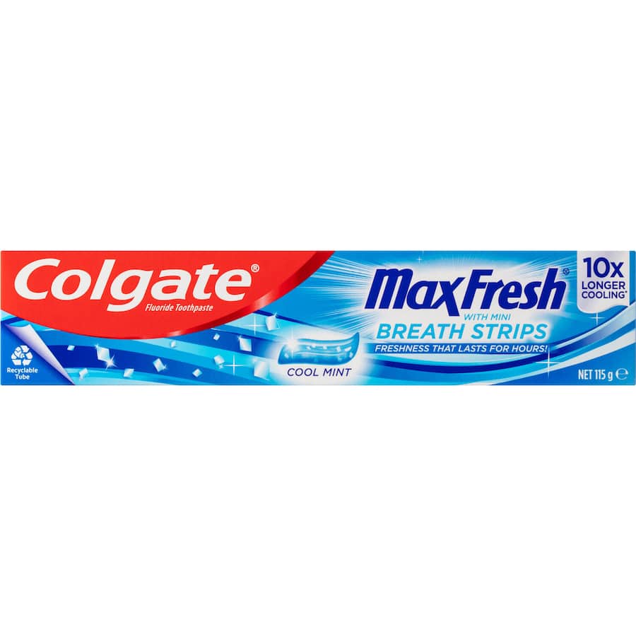 Colgate Max Fresh Toothpaste features mini breath strips for long-lasting freshness and effective cavity protection.