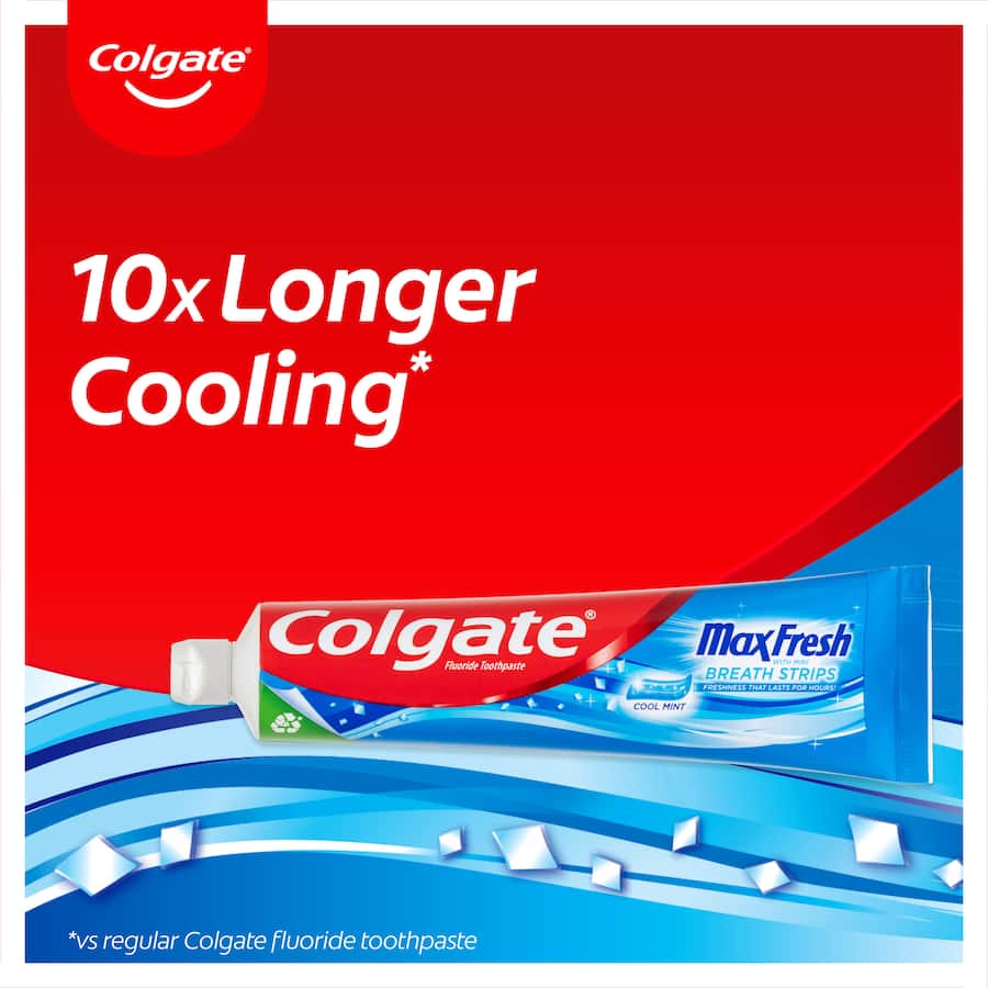 Colgate Max Fresh Toothpaste with Mini Breath Strips for lasting freshness, cavity protection, and 96% natural ingredients.