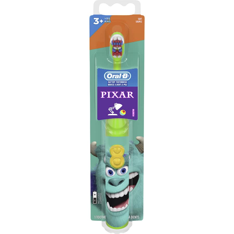 Oral B Kids Pixar Battery Toothbrush features fun characters, gentle bristles, and a small head for effective dental care.