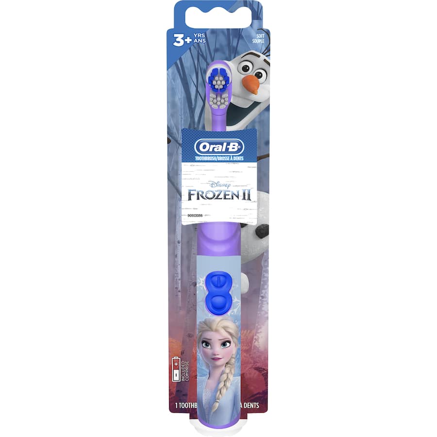 Battery-powered Oral B Kids Pixar Toothbrush for ages 3+, featuring soft bristles and fun Pixar characters for enjoyable brushing.