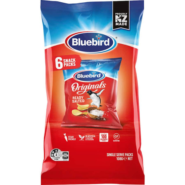 Bluebird Originals Ready Salted Chips multipack featuring 6 single-serve packs, made from New Zealand potatoes, vegan-friendly.