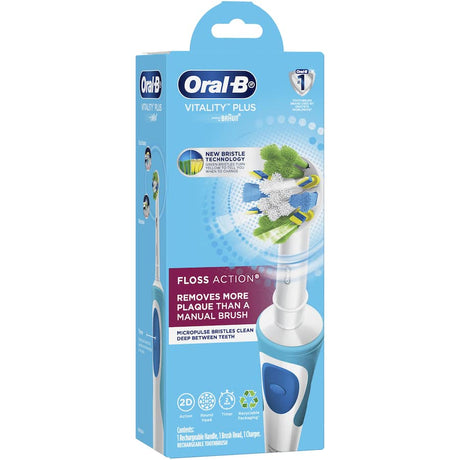 Oral-B Vitality Electric Toothbrush with Floss Action brush head for deep cleaning and plaque removal, featuring bristle replacement indicator.