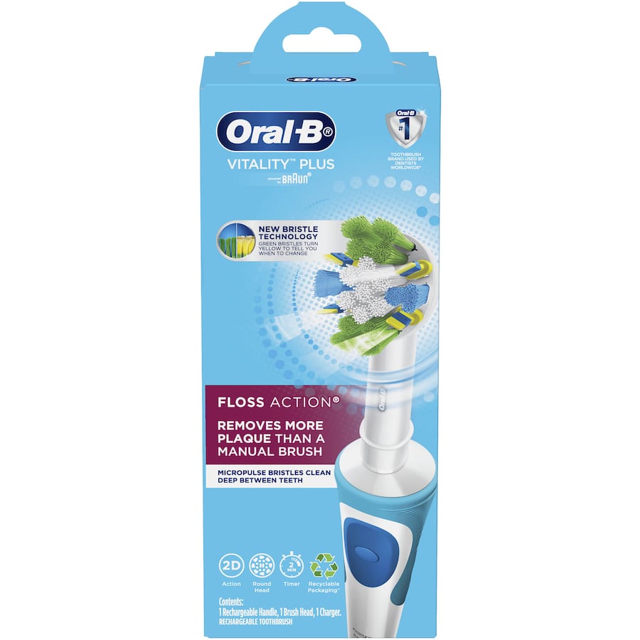 Oral-B Vitality Electric Toothbrush with Floss Action head for superior plaque removal and built-in 2-minute timer for optimal brushing.