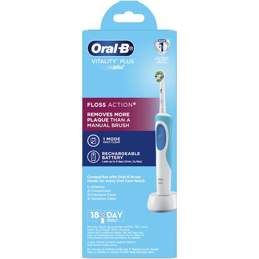 Oral-B Vitality Electric Toothbrush Floss Action with Floss Action head, micropulse bristles, 2-minute timer, and rechargeable battery.