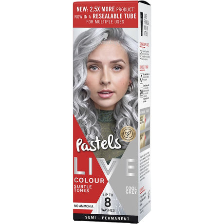 Semi-permanent Cool Grey hair dye for a chic, sophisticated pastel look, nourishing for soft, healthy hair.