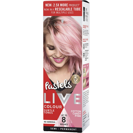 Cotton Candy Pink hair dye for a playful pastel look; semi-permanent, nourishing, and perfect for vibrant styles.