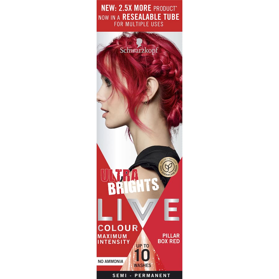 Vibrant semi-permanent hair dye in Pillar Box Red, ammonia-free formula for bold colour lasting up to 10 washes.