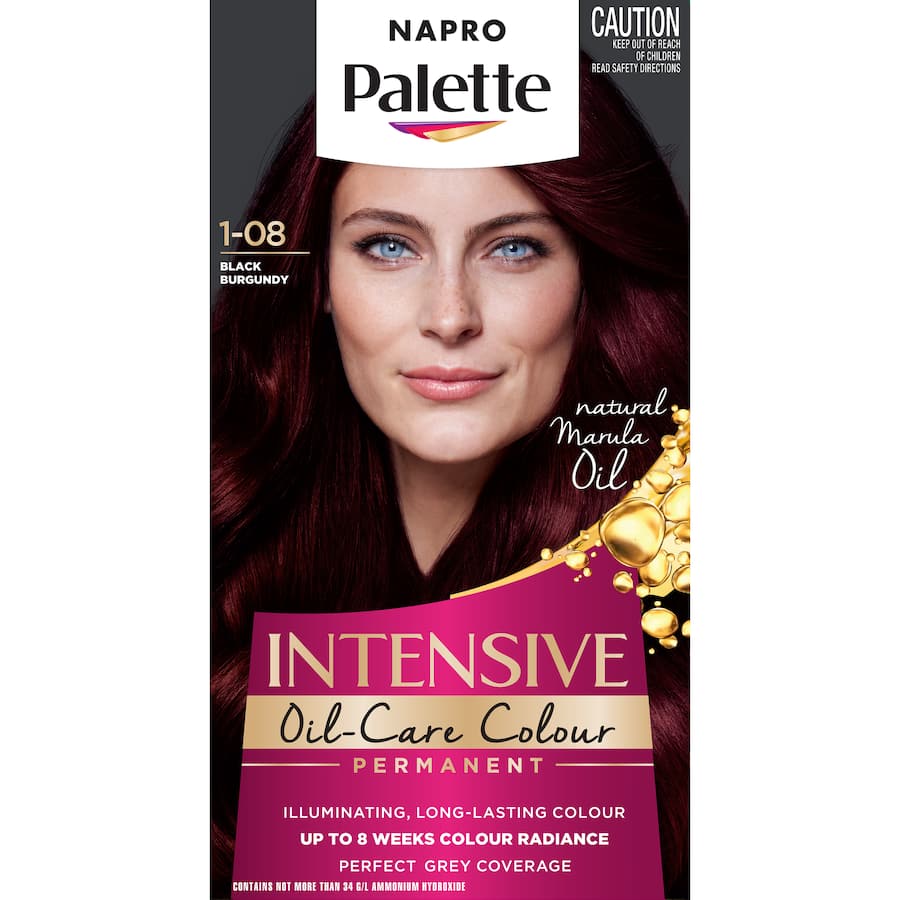 Napro Palette Hair Colour Burgundy Black 1-08, vibrant hair dye for rich burgundy-black color, nourishes and shines.