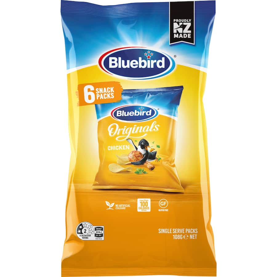 Bluebird Originals Multipack Chips Chicken 108g featuring 6 snack packs of crinkly, crispy chicken-flavored potato chips.