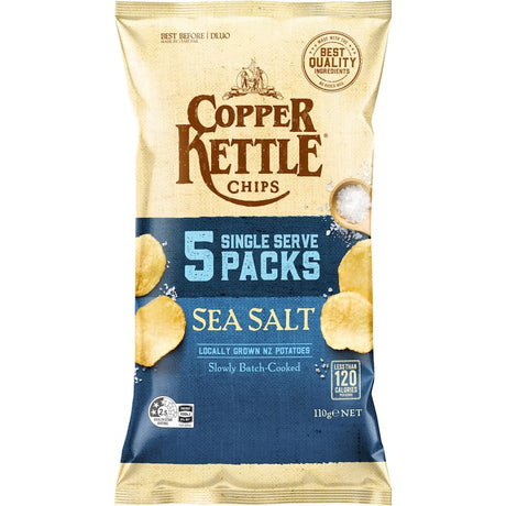 Copper Kettle Multipack Chips with Sea Salt in 110g, featuring gourmet New Zealand potatoes, cruelty-free and batch-cooked for quality crunch.