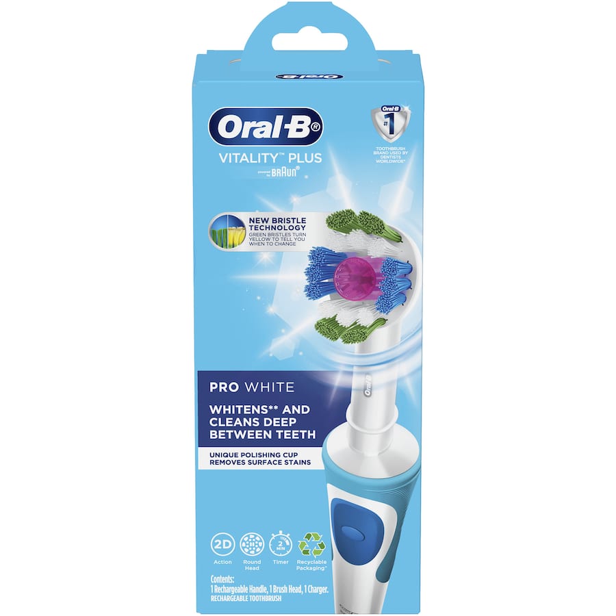 Oral-B Vitality Electric Toothbrush Pro White with 3D White brush head for effective whitening and superior plaque removal.