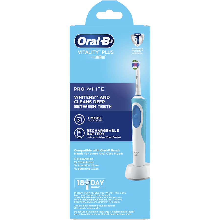 Oral-B Vitality Electric Toothbrush Pro White with 3D White brush head and timer for superior, effective teeth cleaning.