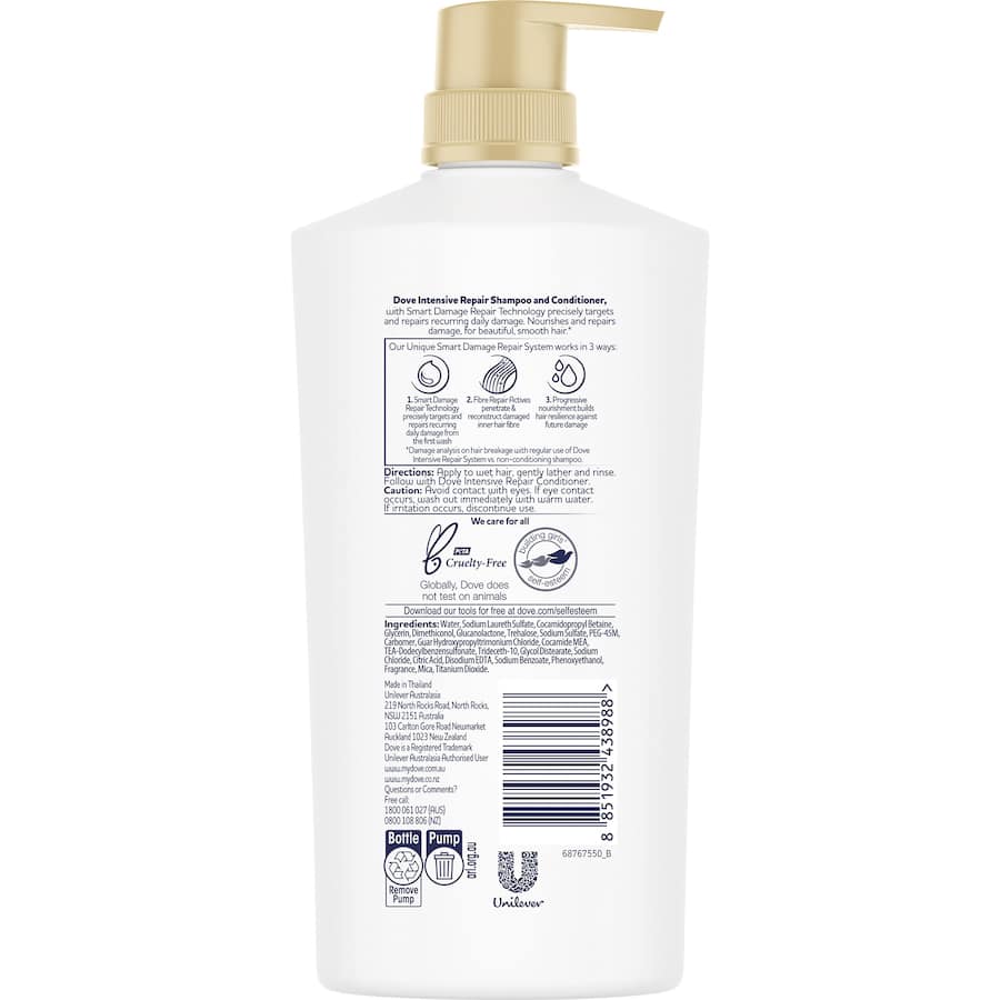 Dove Shampoo Intensive Repair: nourishes, repairs hair, prevents damage, eco-friendly packaging, cruelty-free formula.