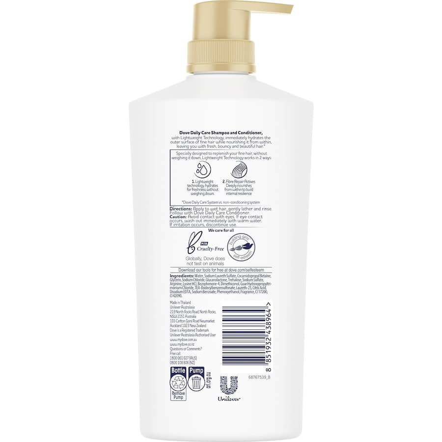 Dove Shampoo Daily Care: Hydrating shampoo for fine hair, promotes glossy, bouncy locks while being cruelty-free and eco-friendly.