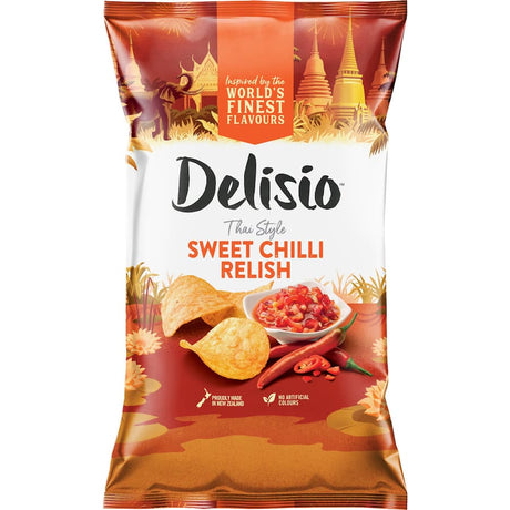 Delisio Chips Sweet Chilli Relish: Crispy potato chips with a sweet and spicy Thai-inspired seasoning for gourmet snacking.