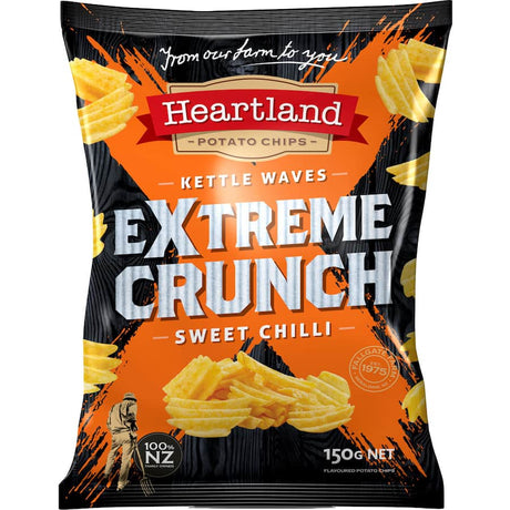 Heartland Extreme Crunch Sweet Chilli Chips, kettle-cooked and wave-cut for an irresistible crunch with sweet and spicy flavor.