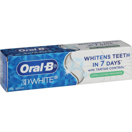 Oral B 3D White Toothpaste tube emphasizing long-lasting freshness and whitening for a radiant smile.