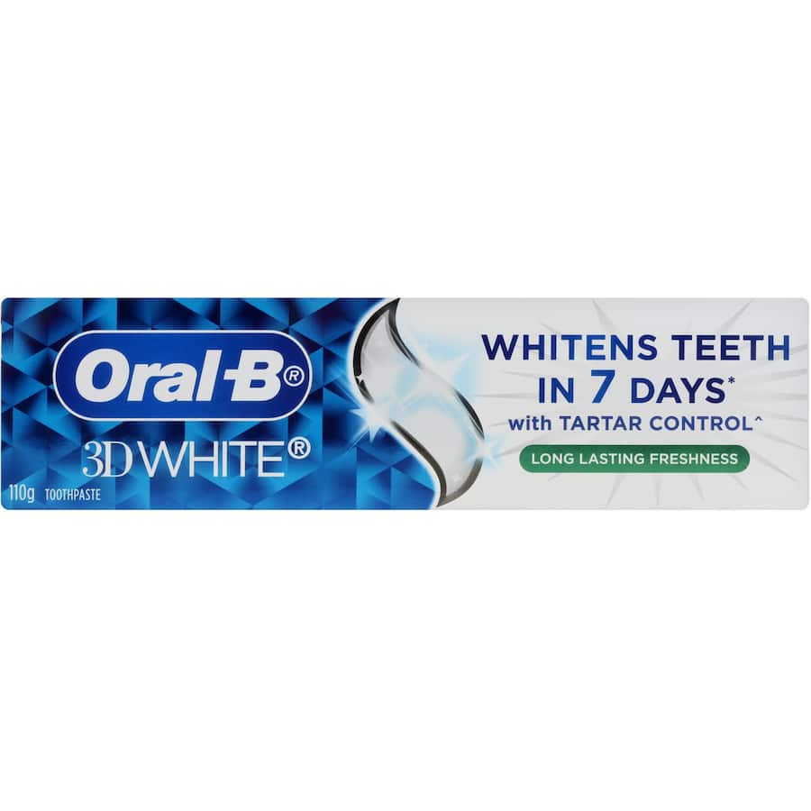 Oral B 3D White Toothpaste tube, promoting long-lasting freshness and whitening for healthier gums and radiant smiles.