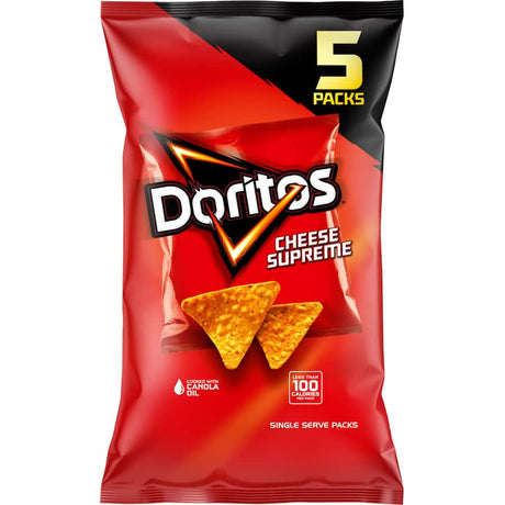 Doritos Supreme Cheese multipack with 5 single-serve bags of bold, cheesy, crunchy corn chips ideal for snacking.