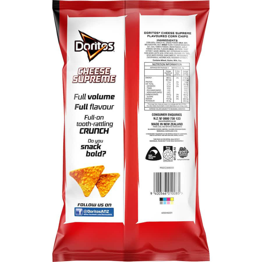 Doritos Multipack Supreme Cheese 90g, featuring 5 single-serve packs of bold, crunchy, cheesy corn chips.