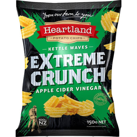 Heartland Extreme Crunch Chips in Apple Cider Vinegar flavor, featuring kettle-cooked, crunchy, gluten-free snacks made from local potatoes.