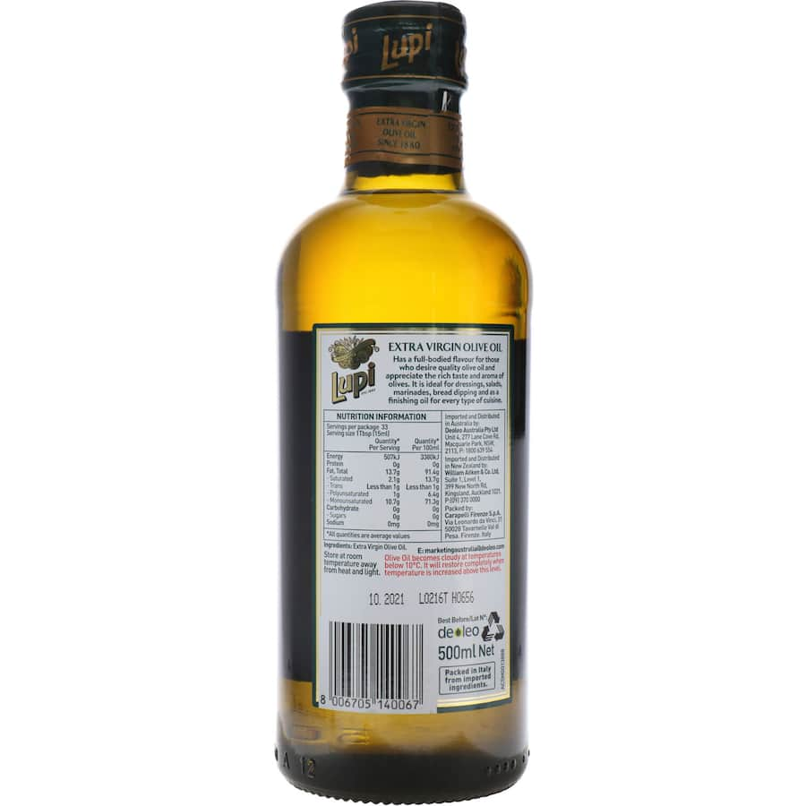 Lupi Olive Oil Extra Virgin in a bottle, showcasing a rich olive oil ideal for dressings, cooking, and healthy meals.