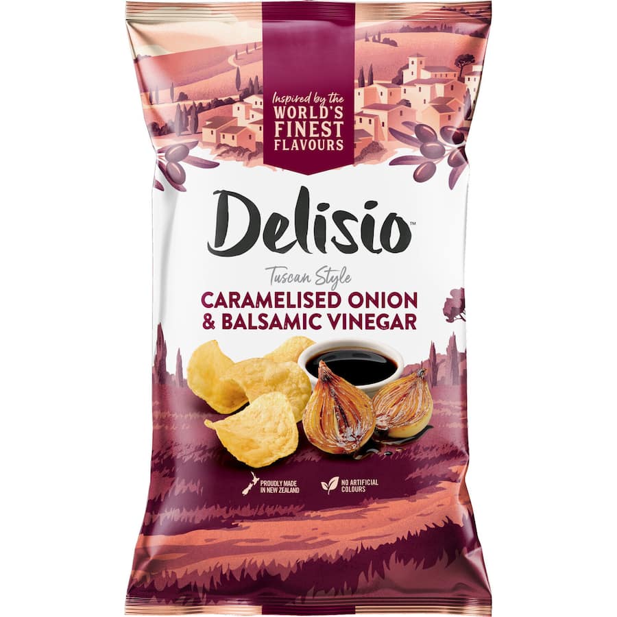 Gourmet Delisio potato chips featuring caramelised onion and balsamic vinegar for a Tuscan-inspired snacking experience.