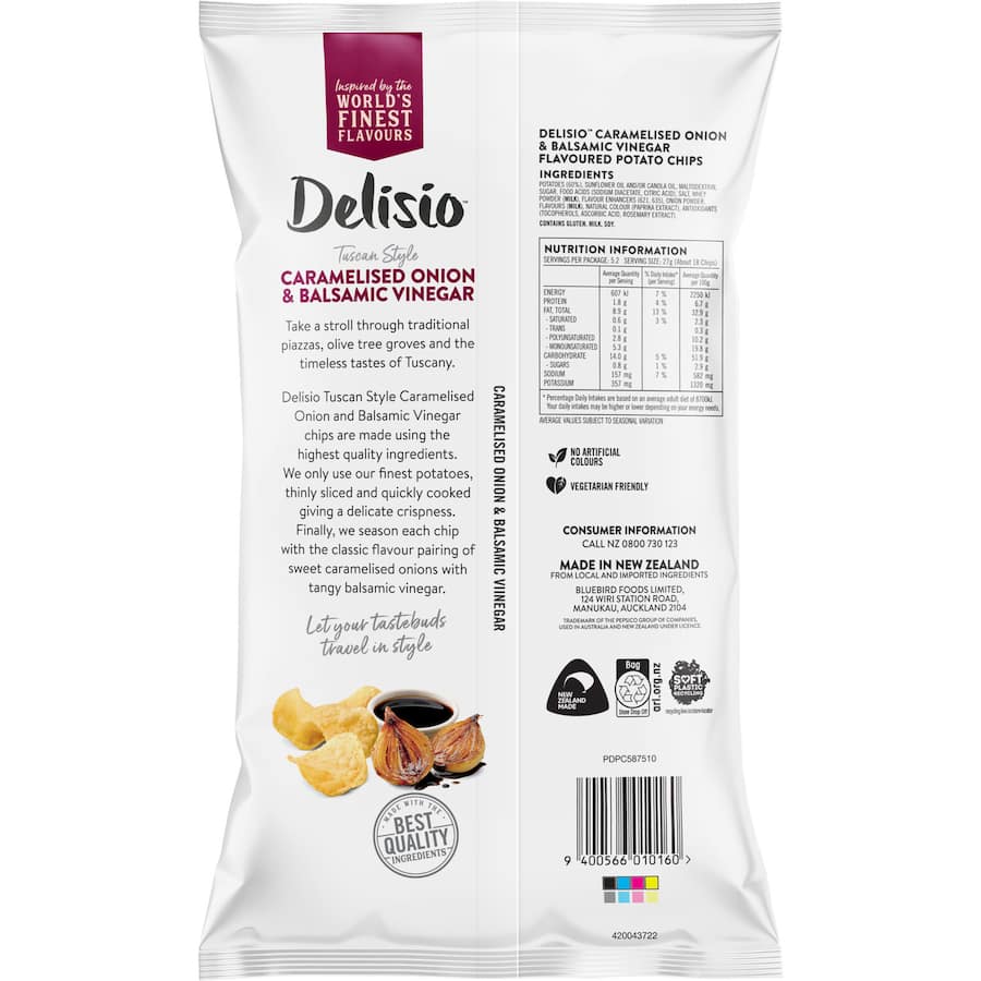 Delisio Chips with caramelised onion and balsamic vinegar, offering a crispy, gourmet snack experience inspired by Tuscany.