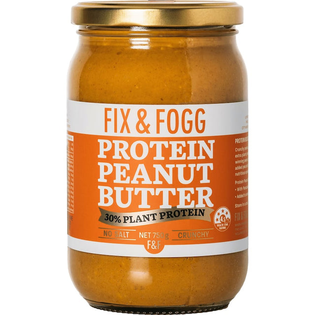 Fix & Fogg Peanut Butter Protein No Salt: creamy, crunchy peanut butter with 30% plant protein, non-GMO, vegan, and keto-friendly.