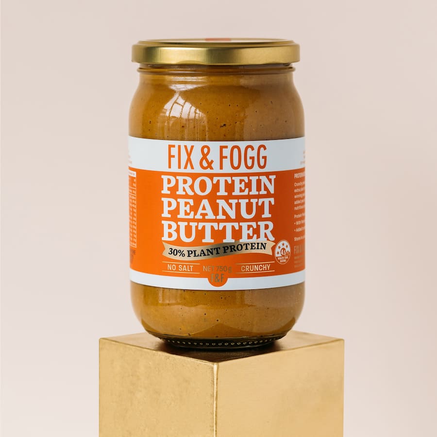 Creamy Fix & Fogg Peanut Butter Protein No Salt blending peanuts, pea protein, and hemp protein for a nutritious, crunchy spread.