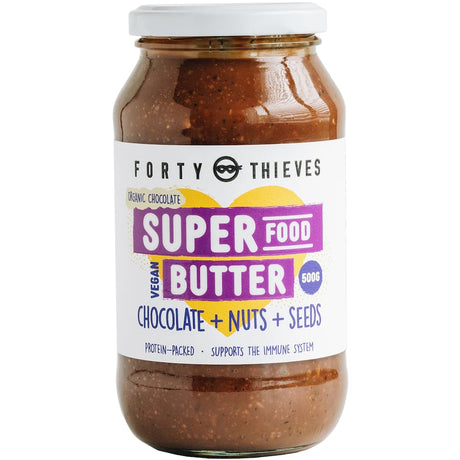 A 500g jar of Forty Thieves Super Food Butter features a blend of nuts, seeds, and rich dark chocolate for a nutritious treat.