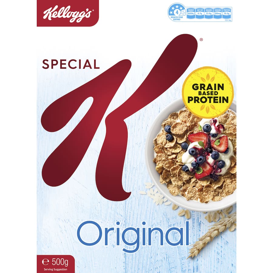 Kellogg's Special K Cereal Original, a nutritious whole grain breakfast cereal, low-fat and high in fiber for a balanced lifestyle.