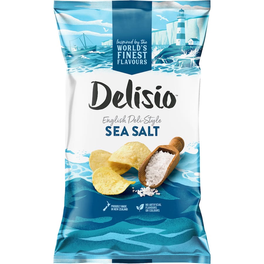 Delisio Chips Sea Salt: Thinly sliced, crispy potato chips seasoned with sea salt, made from quality ingredients and vegan-friendly.