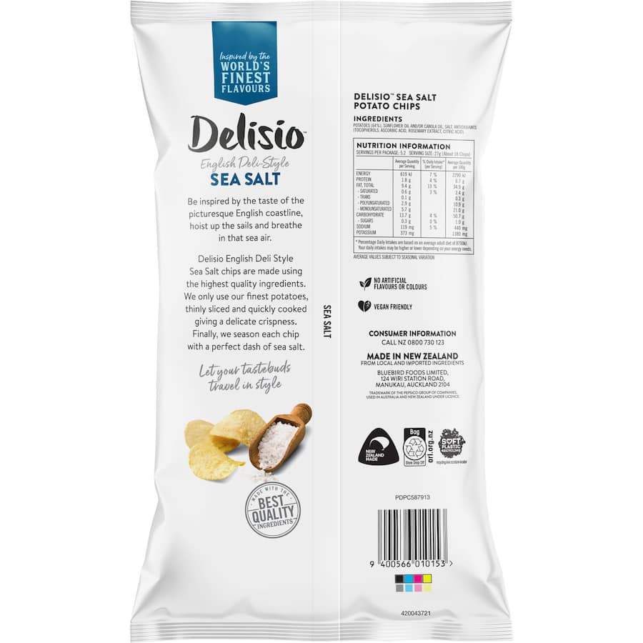 Delisio Chips Sea Salt: vegan-friendly, thinly sliced potato chips seasoned with sea salt for a crispy, classic snack experience.