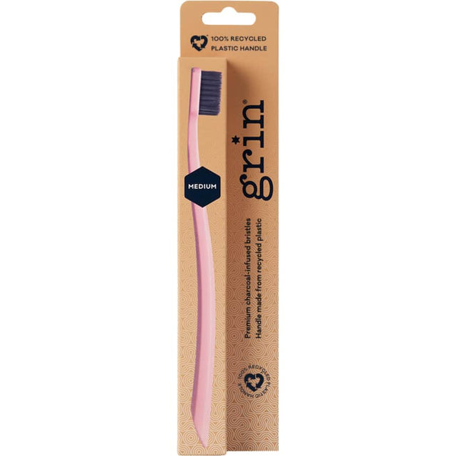 Eco-friendly Grin Toothbrush Medium in Rose or Charcoal, featuring medium bristles and micro slim tips for deep cleaning.