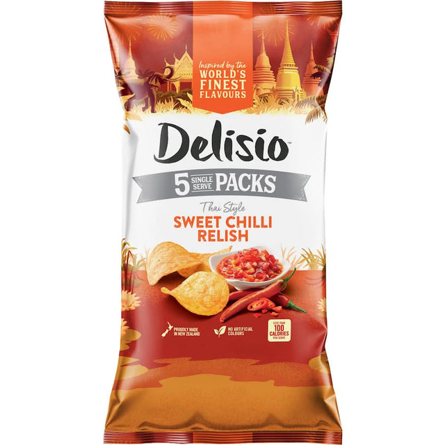 Delisio Multipack Chips with Sweet Chilli Relish, offering crisp, flavorful snacks in convenient 90g packs.