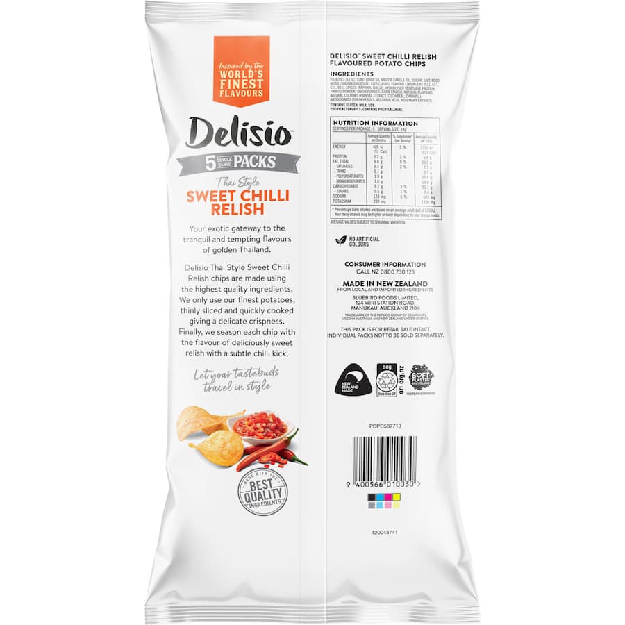 Delisio Multipack Chips featuring Sweet Chilli Relish, crispy, flavorful, and guilt-free at under 100 calories per serving.