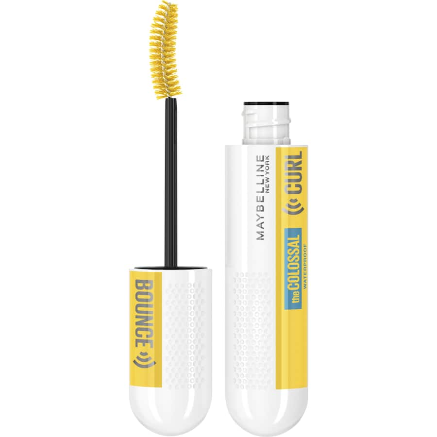 Maybelline Colossal Curl Black Mascara with Curl 'N' Bounce brush for voluminous, curled lashes and 24-hour wear without clumps.