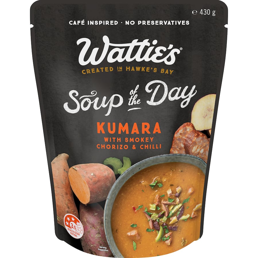 Wattie's Sweet Potato & Chorizo Soup pouch, rich in flavor, low in fat, perfect for quick meals at home or work.