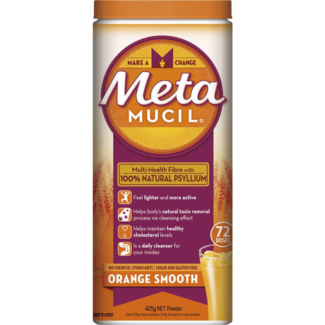 Metamucil Dietary Supplement Orange 425g, a fiber-rich psyllium husk solution for digestive health and heart support.