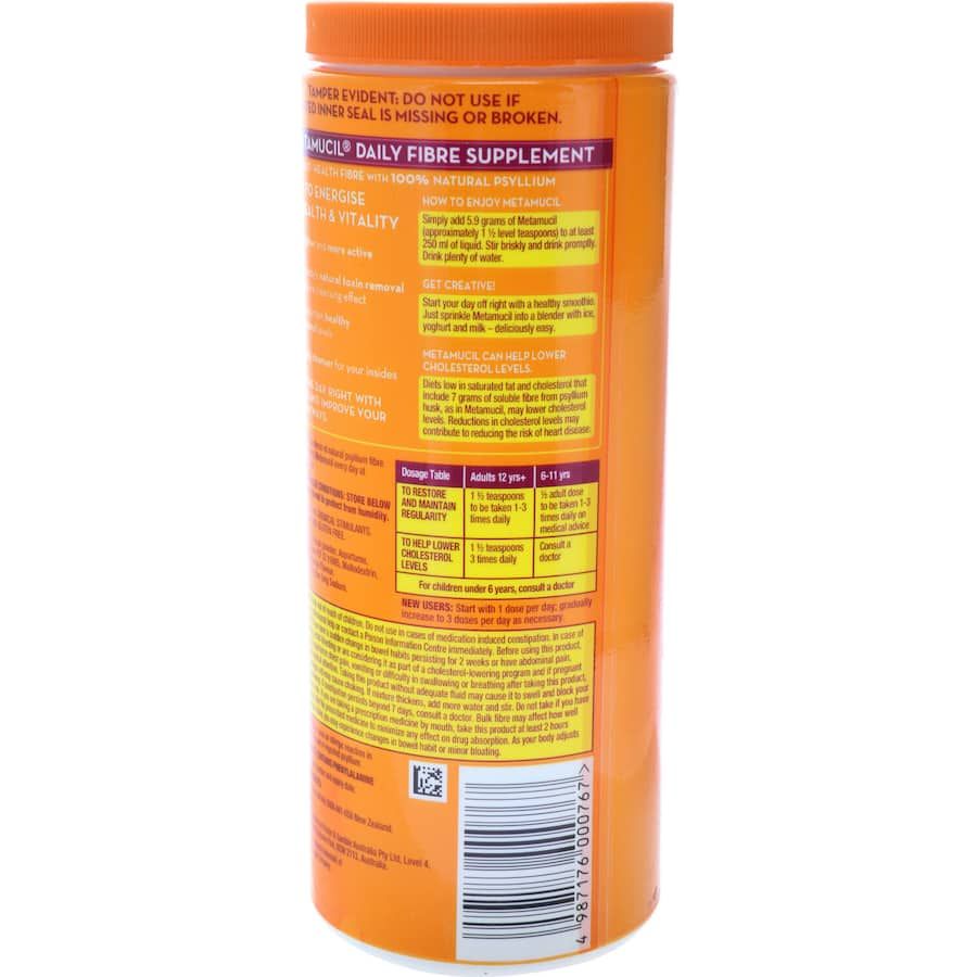 Metamucil Dietary Supplement Orange 425g, a fiber-rich solution for digestive health and weight management with a refreshing flavor.