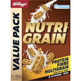 Kellogg's NutriGrain multigrain cereal, rich in protein and fiber, energizing breakfast for health-conscious individuals.