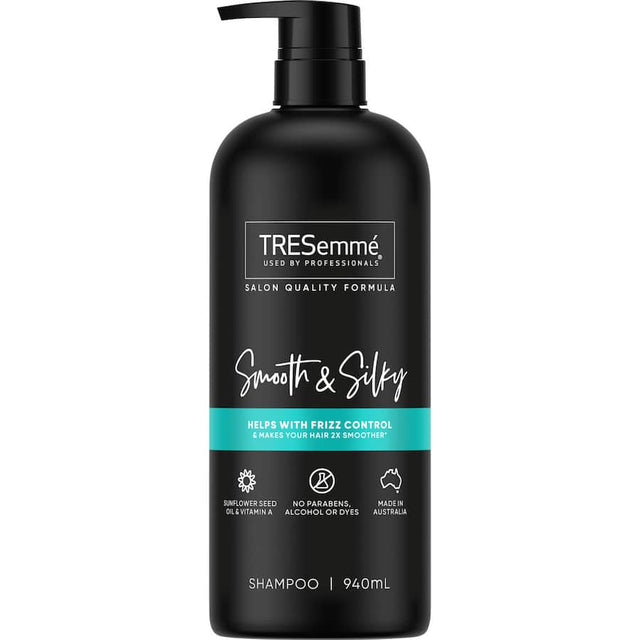 Tresemme Smooth & Silky Shampoo with Sunflower Oil, targets frizz and hydrates for salon-quality smoothness.