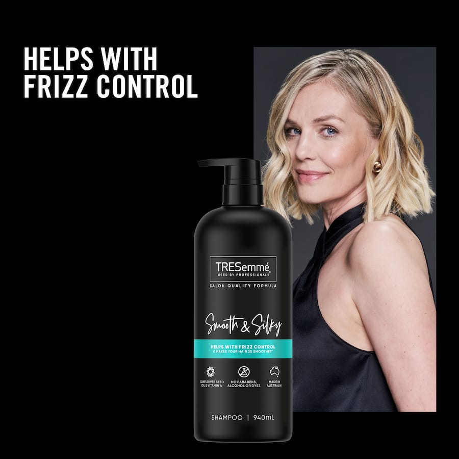 Tresemme Smooth & Silky Shampoo with sunflower oil and vitamin A for frizz control and smooth, hydrated hair.