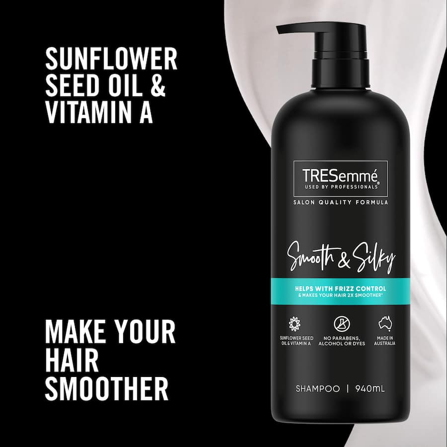 Tresemme Smooth & Silky Shampoo with Sunflower Oil for frizz control and hydration, promoting salon-quality shine at home.